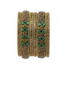RIJOLI Set Of 6 Gold-Plated Zircon Stone Studded Beaded Metal Bangles