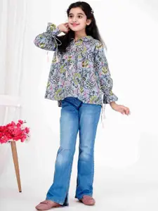 DMP FASHION Girls Floral Printed Bell Sleeve Cotton Top