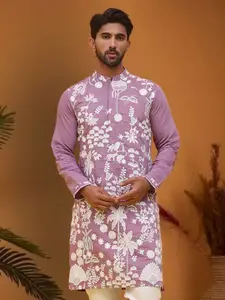 Jompers Men Floral Embroidered Chikankari Silk Kurta