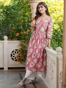 Janasya Women Pink Pure Cotton Floral Printed A-line Kurta
