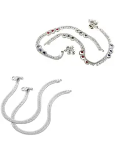Lila Set Of 4 Silver-Plated Artificial Stones Studded Anklets