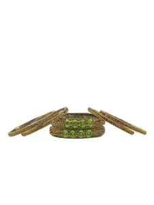 RIJOLI Set Of 6 Gold-Plated Zircon Stone Studded & Beaded Metal Bangles