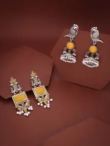 Sangria Set Of 2 Silver-Plated Stones Studded and Beads Beaded Contemporary Drop Earrings