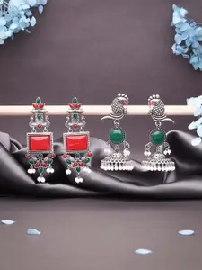 DIVASTRI Set Of 2 Silver-Plated Artificial Stones Studded Square Oxidised Drop Earrings