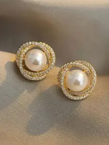 SUBHAGALANKAR Gold-Plated Artificial Stones Studded & Pearls Beaded Circular Shaped Studs