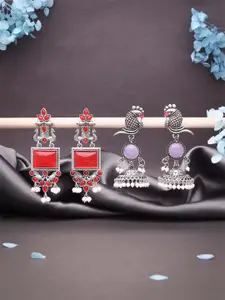 DIVASTRI Set Of 2 Silver-Plated Artificial Stones Studded Square Shaped Drop Earrings