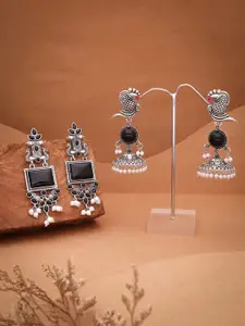 Sangria Set Of 2 Silver-Plated Artificial Stones Studded and Beads Beaded Drop Earrings