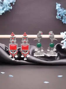 Sangria Set Of 2 Silver-Plated Stones Studded and Beads Beaded Contemporary Drop Earrings