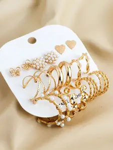 aadita Set Of 9 Gold-Plated Artificial beaded Contemporary Shaped Studs