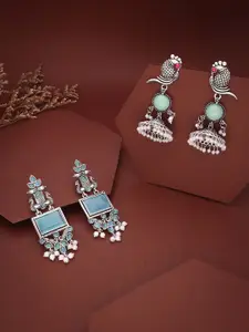 Sangria Set Of 2 Silver-Plated Artificial Stone Studded & Beaded Oxidised Drop Earrings