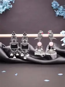 DIVASTRI Set Of 2 Silver-Plated Stones Studded & Beaded Oxidised Contemporary Drop Earring