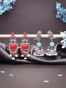 DIVASTRI Set Of 2 Silver-Plated Artificial Stones and Beads Square Shaped Drop Earrings