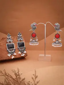 DIVASTRI Set Of 2 Silver-Plated Stones Studded & Beaded Oxidised Dome Shaped Jhumkas
