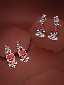 Sangria Set Of 2 Silver-Plated Stones Studded and Beads Beaded Contemporary Drop Earrings