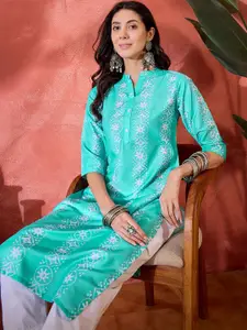 Sangria Ethnic Motifs Printed Mandarin Collar Straight Kurta