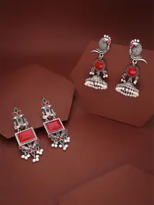 DIVASTRI Set Of 2 Silver-Plated Stones Studded & Beaded Oxidised Dome Shaped Jhumkas