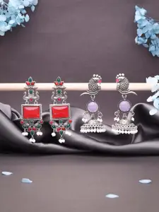 Sangria Set Of 2 Silver-Plated Artificial Stone Studded & Beaded Drop Earrings