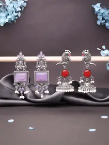 DIVASTRI Set Of 2 Silver-Plated Artificial Stones Studded Square Oxidised Drop Earrings