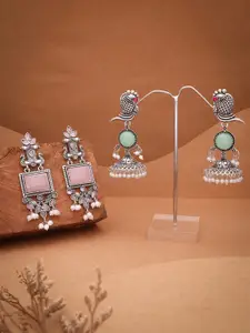 Sangria Set Of 2 Silver-Plated Stones Studded and Beads Beaded Contemporary Drop Earrings