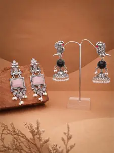 DIVASTRI Set Of 2 Silver-Plated Stones Studded and Beads Beaded Contemporary Drop Earrings