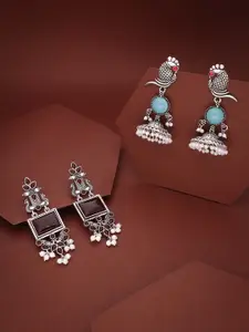 Sangria Set Of 2 Silver-Plated Artificial Stone Studded & Beaded Drop Earrings