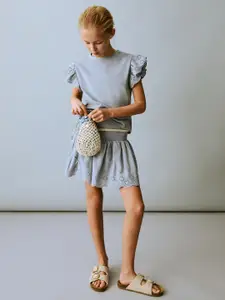 Mango Kids Girls Smocked Detail Floral Schiffli Pure Cotton Flared Skirts