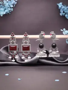 Sangria Set Of 2 Silver-Plated Stones Studded & Beaded Peacock Shaped Drop Earrings