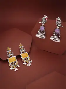 DIVASTRI  Set Of 2 Silver-Plated Artificial Stones Studded Square Shaped Drop Earrings