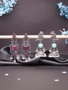 Sangria Set Of 2 Silver-Plated Stones Studded & Beaded Peacock Shaped Drop Earrings