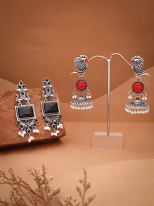 Sangria Set Of 2 Silver-Plated Artificial Stone Studded & Beaded Drop Earrings