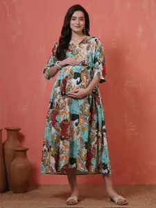 Nayo Women Floral Printed Maternity Cotton Maxi Dress