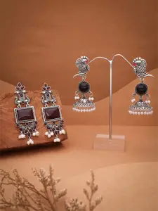 DIVASTRI Set Of 2 Silver-Plated Stones Studded & Beaded Oxidised Dome Shaped Jhumkas