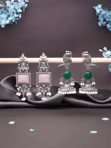 Sangria Set Of 2 Silver-Plated Stones Studded and Beads Beaded Contemporary Drop Earrings