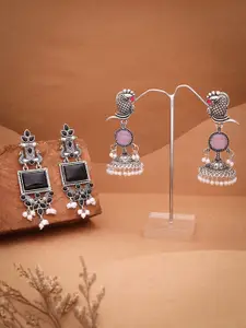 Sangria Set Of 2 Silver-Plated Stones Studded and Beads Beaded Contemporary Drop Earrings