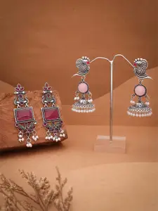 DIVASTRI Set Of 2 Silver-Plated Stones Studded & Beaded Oxidised Dome Shaped Jhumkas