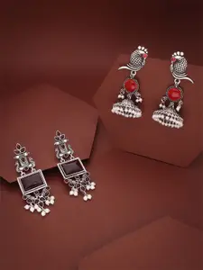 DIVASTRI Set Of 2 Silver-Plated Artificial Stones Studded Square Oxidised Drop Earrings