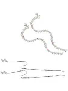 Lila Set Of 4 Silver-Plated Artificial Stones Studded Anklets