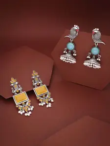 Sangria Set Of 2 Silver-Plated Artificial Stone Studded & Beaded Drop Earrings