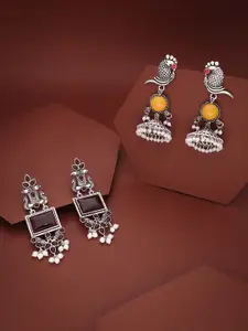 Sangria Set Of 2 Silver-Plated Stones Studded and Beads Beaded Contemporary Drop Earrings