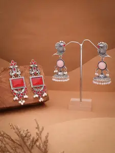 Sangria Set Of 2 Silver-Plated Stones Studded & Beaded Peacock Shaped Drop Earrings