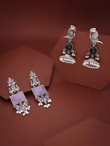 Sangria Set Of 2 Silver-Plated Stones Studded and Beads Beaded Contemporary Drop Earrings