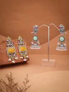 Sangria Set Of 2 Silver-Plated Artificial Stone Studded & Beaded Drop Earrings