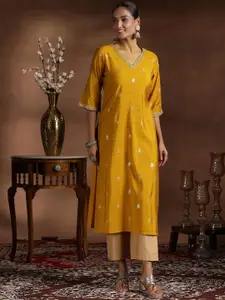 Libas Geometric Printed V-Neck Zari Pure Silk Straight Kurta