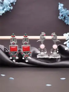 DIVASTRI Set Of 2 Silver-Plated Stones Studded and Beads Beaded Contemporary Drop Earrings