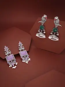 Sangria Set Of 2 Silver-Plated Stones Studded and Beads Beaded Contemporary Drop Earrings