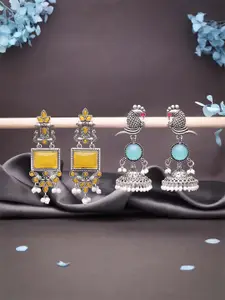 DIVASTRI Set Of 2 Silver-Plated Stones Studded & Beaded Oxidised Contemporary Drop Earring