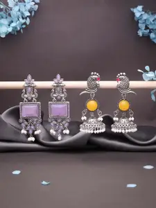 Sangria Set Of 2 Silver-Plated Stones Studded & Beaded Peacock Oxidised Drop Earrings