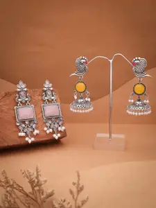 Sangria Set Of 2 Silver-Plated Stones Studded and Beads Beaded Contemporary Drop Earrings