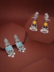 Sangria Set Of 2 Silver-Plated Stones Studded and Beads Beaded Contemporary Drop Earrings