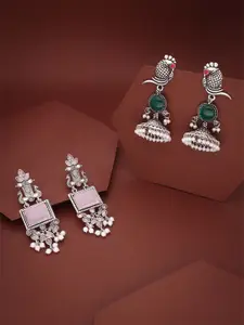 DIVASTRI Set Of 2 Silver-Plated Artificial Stones Studded Square Oxidised Drop Earrings